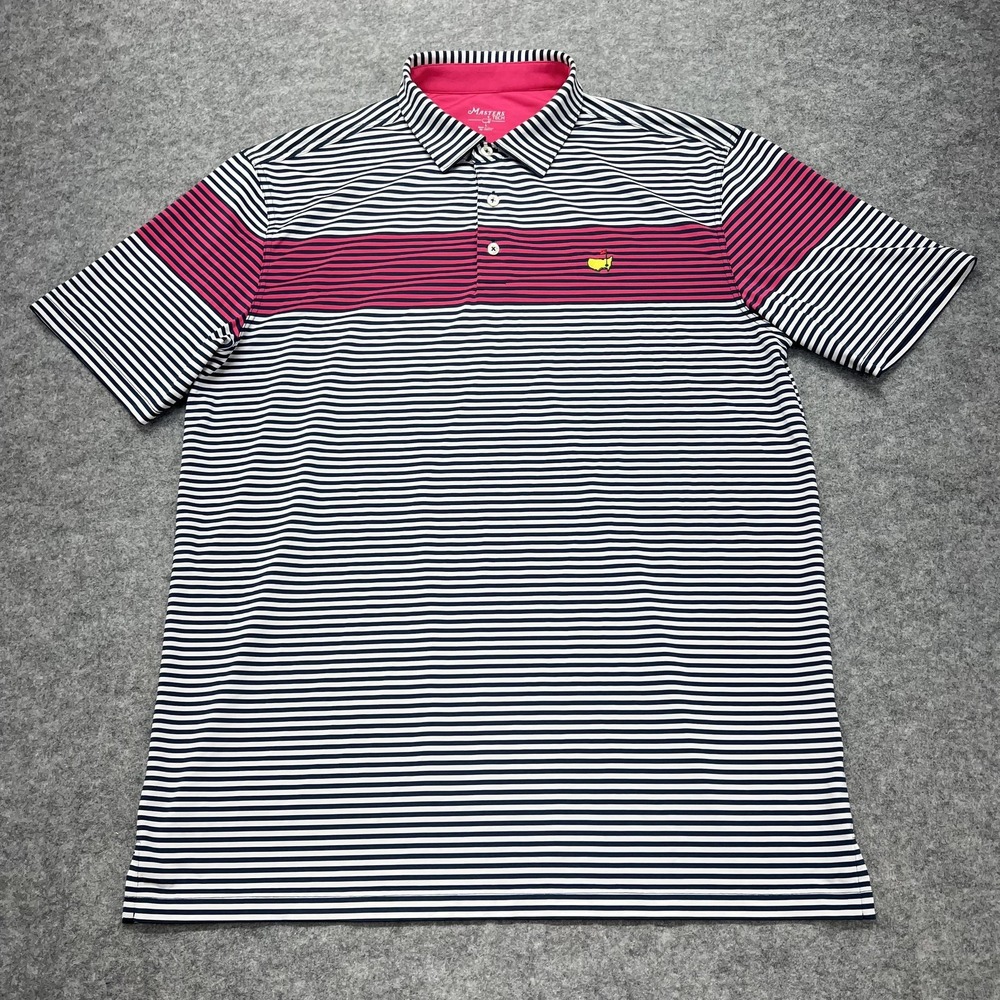 Masters Tech Polo Shirt Mens Large Blue Striped Performance Golf Logo MT1705-02